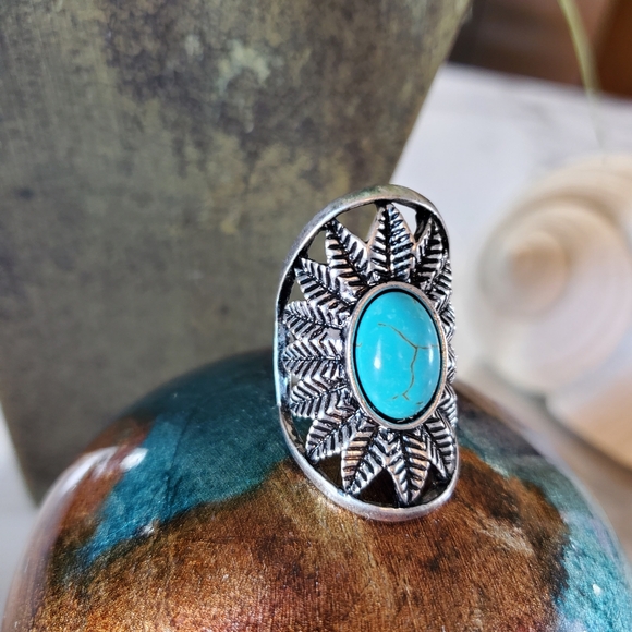 Silver Tone & Turquoise Stone Stretch Band Ring 💥3 for $24💥 - Picture 16 of 17